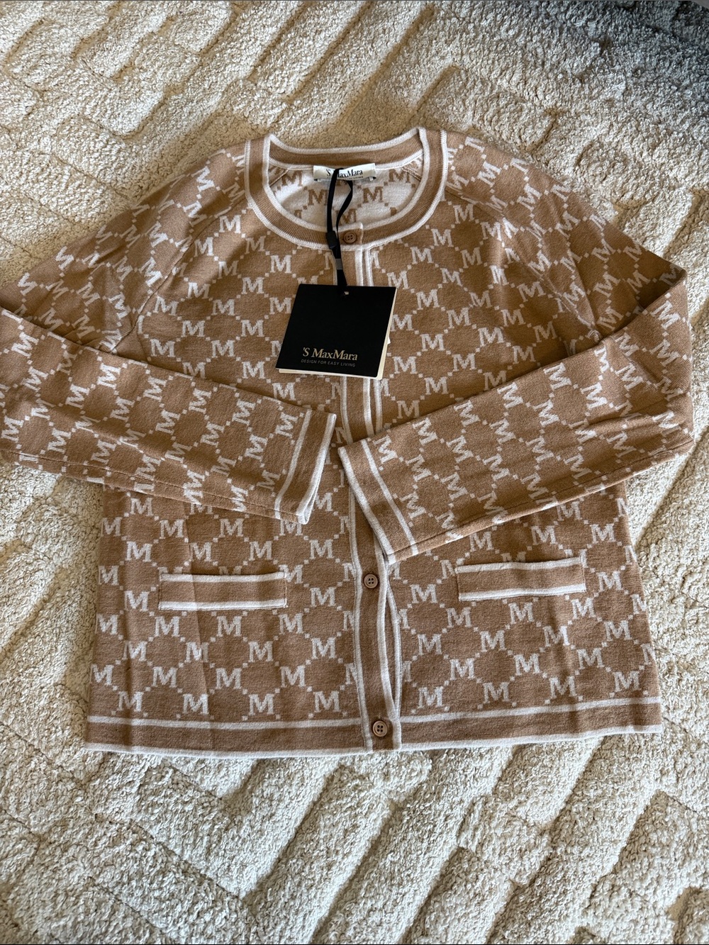 MaxMara Beige and White Monogram Cardigan